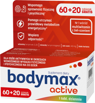 Białe opakowanie Bodymax Active z żeń-szeniem, 60+20 tabletek GRATIS, widok z przodu i góry.