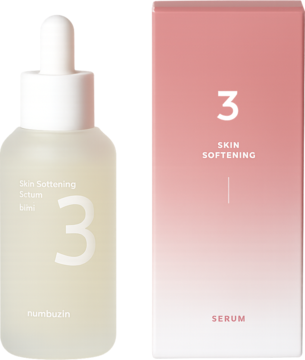 Numbuzin No.3 Skin Softening Serum w matowej butelce z zakraplaczem i różowo-czerwonym pudełkiem, widok z przodu.