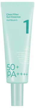 Mint green numbuz:n Clear Filter Sun Essence tube, SPF50+ PA++++ protection, with large '1', front view.