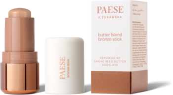 Kremowy bronzer Paese Butter Blend Bronze Stick Latte, otwarty i zamknięty w sztyfcie z pudełkiem.