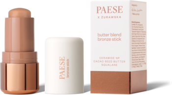 Paese Butter Blend Bronze Stick Mocha, otwarty kremowy bronzer, mała biała tubka i brązowe pudełko.