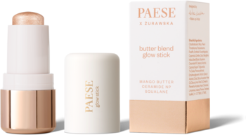Kremowy rozświetlacz Paese Butter Blend Glow Stick Fresco, biało-miedziany sztyft obok dopasowanego pudełka.