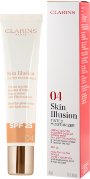 Balsam koloryzujący Clarins Skin Illusion SPF 25, odcień 04, w białej tubce obok białego pudełka z czerwonym bokiem.