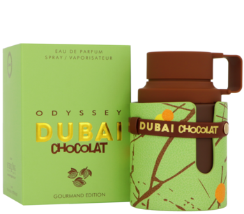 Odyssey Dubai Chocolat woda perfumowana dla mężczyzn, zielone pudełko i brązowy flakon ze złotymi napisami.