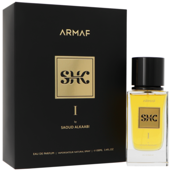 Męska woda perfumowana Armaf SHK I by Saoud Alkaabi, czarne pudełko i złoto-żółty flakon, kątowy widok.