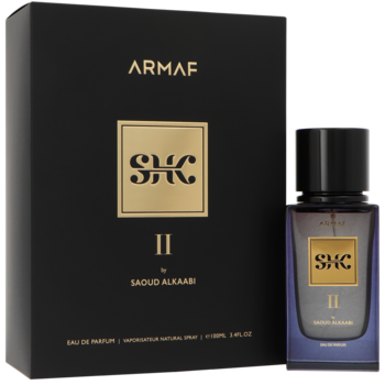 Męska woda perfumowana Armaf SHK II by Saoud Alkaabi: czarno-złote pudełko i ciemna butelka z etykietą, widok z boku.