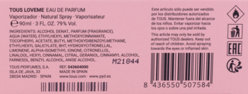 Tył opakowania Tous LoveMe Eau de Parfum z listą składników, ostrzeżeniami i kodami kreskowymi na różowym tle.