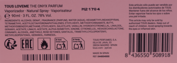 Tył różowej etykiety Tous LoveMe The Onyx Parfum 90ml. Widoczne składniki, ostrzeżenia, symbole, kod kreskowy.