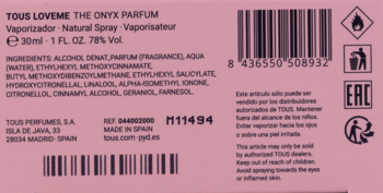 Tył różowego opakowania Tous LoveMe The Onyx Parfum, wody perfumowanej 30ml, z kodem kreskowym i listą składników.