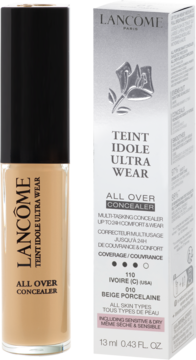 Korektor Lancôme Teint Idole Ultra Wear, odcień 010 Beige Porcelaine, obok białe pudełko, widok z przodu.