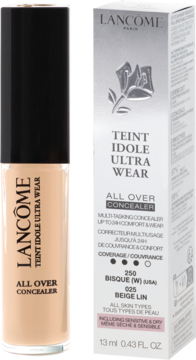 Lancôme Teint Idole Ultra Wear All Over Concealer 025 Beige Lin, beżowa tubka i pudełko, widok z przodu.