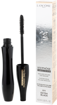 Lancôme Hypnôse L’Absolu de Noir tusz do rzęs, otwarty, czarny flakon i pudełko obok, widok z przodu.