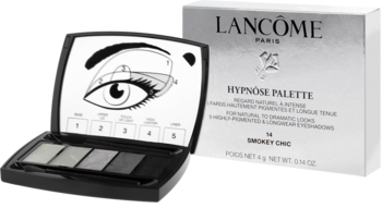 Lancôme Hypnôse Palette Smokey Chic: otwarta paleta 5 cieni do powiek (szarości/czerń) z instrukcją. Obok białe pudełko.