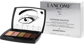Otwarta paleta Lancôme Hypnôse Bronze Absolu z 5 beżowo-brązowymi cieniami, instrukcją na wieczku, obok pudełko.