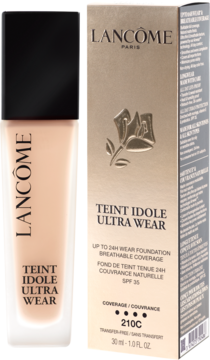 Lancôme Teint Idole Ultra Wear, mocno kryjący podkład z serum SPF 35 w butelce, obok złote pudełko.
