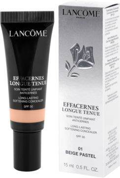 Czarna tubka korektora Lancôme Effacernes Longue Tenue SPF 30 Beige Pastel obok białego kartonika, z przodu.
