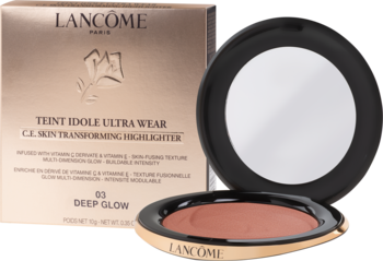 Lancôme Teint Idole Ultra Wear highlighter 03 Deep Glow: złote pudełko, otwarty kompakt z lustrem i brązowy puder.