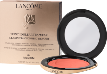 Lancôme Teint Idole Ultra Wear Bronzer 04 Medium: otwarte złote opakowanie z lusterkiem i koralowym bronzerem obok beżowego pudełka.