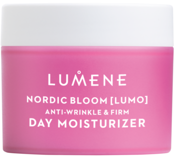 Lumene Nordic Bloom Lumo krem na dzień przeciwzmarszczkowy. Różowy słoiczek z białą nakrętką, widok z przodu.