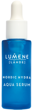 Lumene Nordic Hydra Aqua Serum: niebieska butelka z białą pipetą, widok z przodu, intensywnie nawilżające.