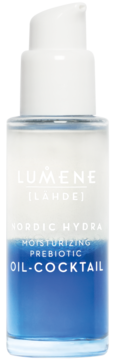 Lumene Nordic Hydra Oil-Cocktail, dwufazowy, niebiesko-biały płyn w szklanej butelce z pompką, widok z przodu.