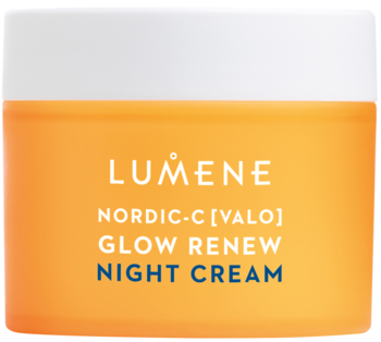 Rozświetlający krem na noc Lumene Nordic-C Glow Renew w pomarańczowym słoiku z białym wieczkiem, front.