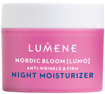 Lumene Nordic Bloom [Lumo] Night Moisturizer, różowy słoiczek z białą zakrętką, widok z przodu, krem przeciwzmarszczkowy.