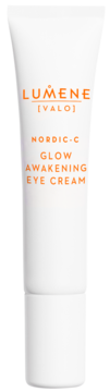 Biała tubka Lumene Nordic-C Glow Awakening Eye Cream z pomarańczowym tekstem, przód. Krem pod oczy z wit. C.
