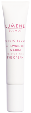 Krem pod oczy Lumene Nordic Bloom [Lumo] Anti-Wrinkle & Firm, biała tubka z różowym napisem, frontalnie.