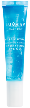 Lumene Nordic Hydra Hydrating Eye Gel, przezroczysta niebieska tubka z widocznym żelem, widok z przodu.