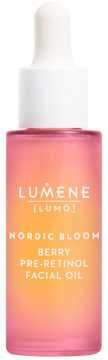 Lumene Nordic Bloom Berry Pre-Retinol olejek do twarzy w butelce z różowo-pomarańczowym gradientem.