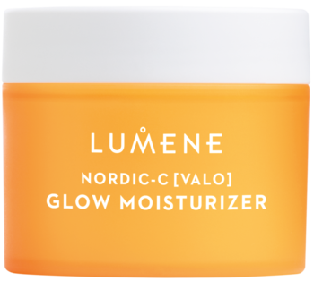 Lumene Nordic-C Valo rozświetlający krem z witaminą C, pomarańczowy słoiczek z białą zakrętką, widok z przodu.
