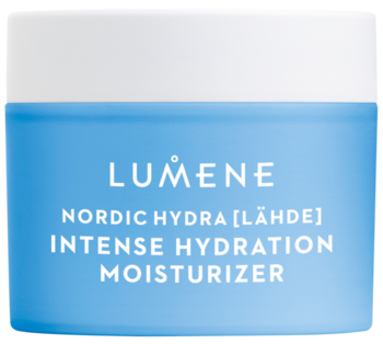 Krem Lumene Nordic Hydra Intense Hydration w błękitnym słoiku z białą nakrętką i białym tekstem, widok z przodu.