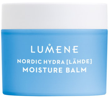 Lumene Nordic Hydra Moisture Balm, nawilżający balsam do twarzy, w jasnoniebieskim słoiczku, widok z przodu.