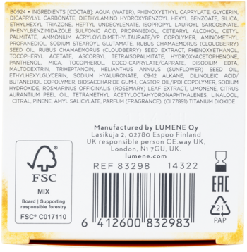 Tył kartonowego opakowania kremu na dzień Lumene Nordic-C Valo SPF 30 z listą składników i barcode.