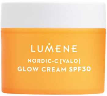 Frontowy widok pomarańczowego słoiczka Lumene Nordic-C Glow Cream SPF30, krem rozświetlający z białą zakrętką.