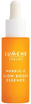 Lumene Nordic-C Glow Boost Essence, rozświetlająca esencja w pomarańczowej butelce z białym zakraplaczem, widok z przodu.
