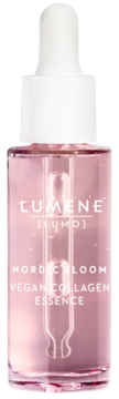 Lumene Nordic Bloom [Lumo] Vegan Collagen Essence, różowa w szklanej butelce z kroplomierzem, widok z przodu.
