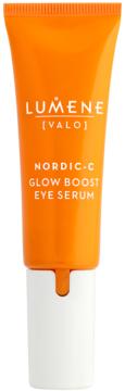 Pomarańczowe serum pod oczy Lumene Nordic-C Glow Boost w tubce z białym aplikatorem, widok z przodu.