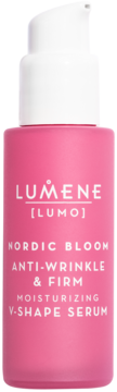 Lumene Nordic Bloom Anti-Wrinkle & Firm Moisturizing V-Shape Serum, różowa butelka z białą pompką.