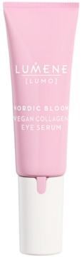Lumene Nordic Bloom Vegan Collagen Eye Serum, różowa tubka z białym logo i napisem, biała nakrętka, front.
