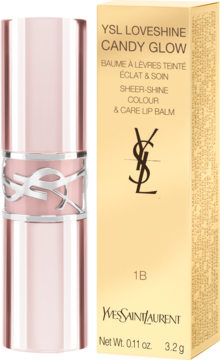 YSL Loveshine Candy Glow 1B Pink Sunrise, balsam w różowej obudowie obok złotego opakowania, widok z przodu.