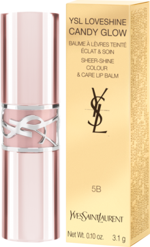 Balsam do ust YSL Love Shine Candy Glow 5B w jasnoróżowej tubce z logo obok złotego opakowania produktu.