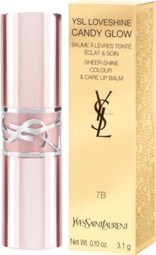 YSL Loveshine Candy Glow 7B Nude Pleasure balsam, różowa, metaliczna tubka z logo i złotym pudełkiem, widok z przodu.