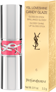 YSL Loveshine Candy Glaze, różowy błyszczyk w srebrnym sztyfcie z logo, obok złote pudełko, widok z przodu.