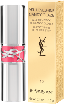 Błyszczyk w sztyfcie YSL Loveshine Candy Glaze 15, różowy, w otwartym srebrnym opakowaniu obok złotego pudełka.