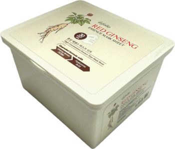 Beżowy pojemnik 30 masek w płachcie Esfolio Red Ginseng Essence, grafiką żeń-szenia na wieczku, widok ukośny.