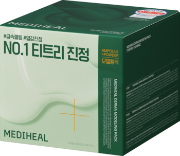 Mediheal Derma Modeling Pack Tea Tree Calming, zielone opakowanie z ampułką i maską, widok z przodu pod kątem.