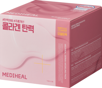 Różowe pudełko ujędrniającej maseczki Mediheal Collagen Firming Modeling Pack, z złotym detalem, widok z boku.