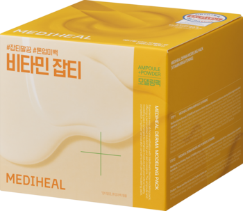 Zestaw Mediheal Derma Modeling Pack Vitamin Brightening w żółtym kartonie, widok pod kątem, z zielonym krzyżykiem.